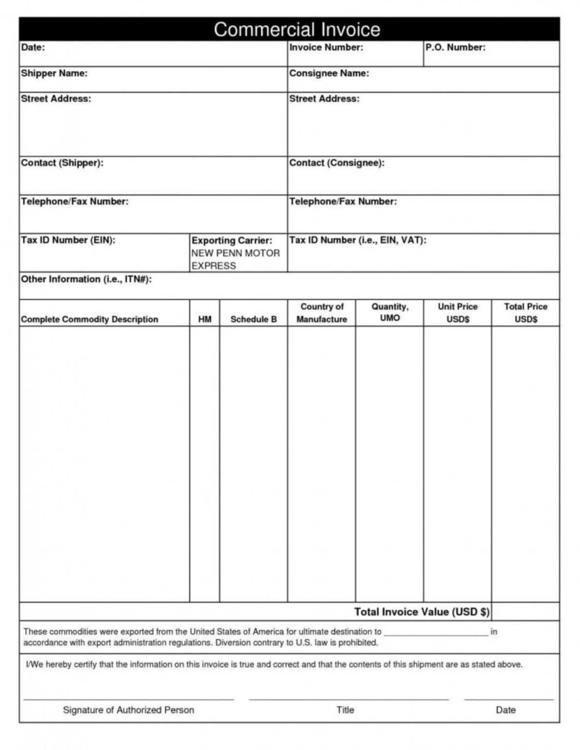 011 Free Commercial Invoice Template Printable Form Canada Regarding 