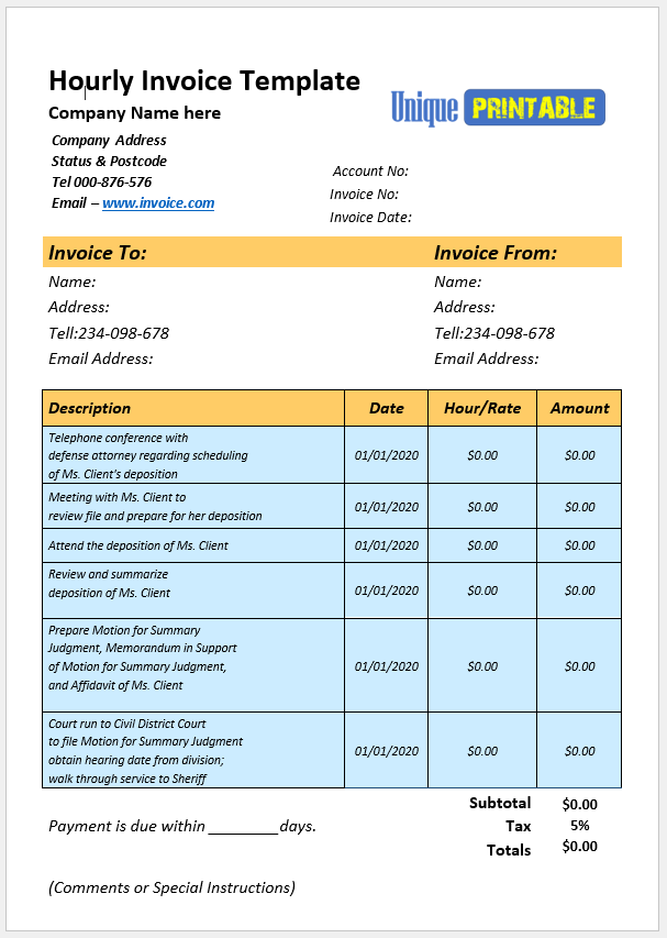 10 Free Hourly Service Invoice Templates Free Unique Printable Templates