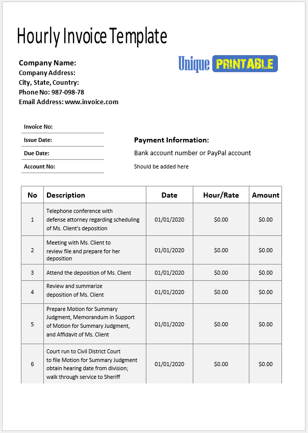 10 Free Hourly Service Invoice Templates Free Unique Printable Templates