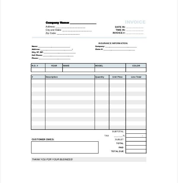 Auto Shop Invoice Form Pdf Free Printable Printable Forms Free Online