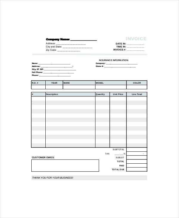 Auto Shop Invoice Form Pdf Free Printable Printable Forms Free Online