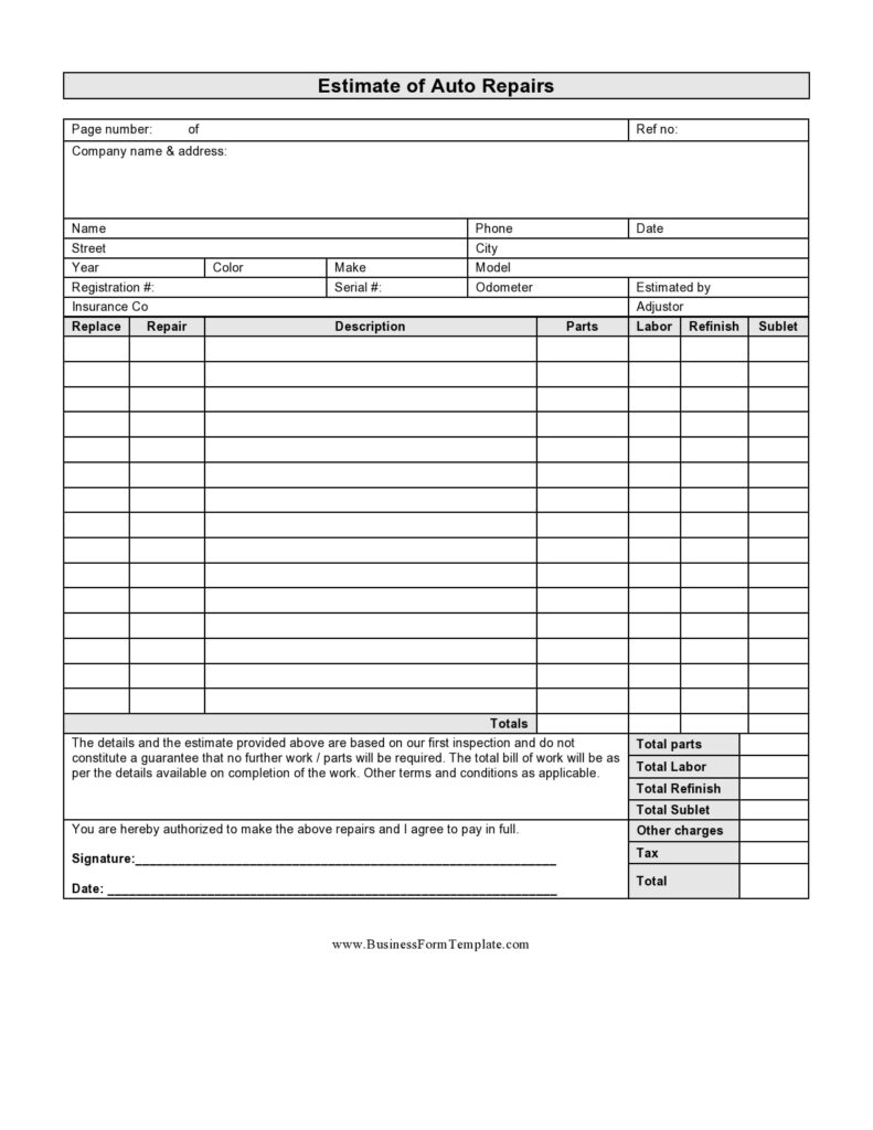 Automotive Repair Forms Free Printable Pdf