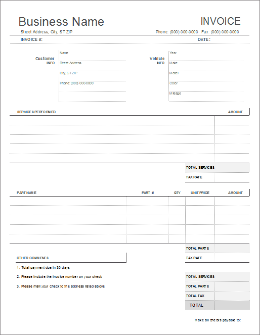 Automotive Repair Order Template Free Printable Documents