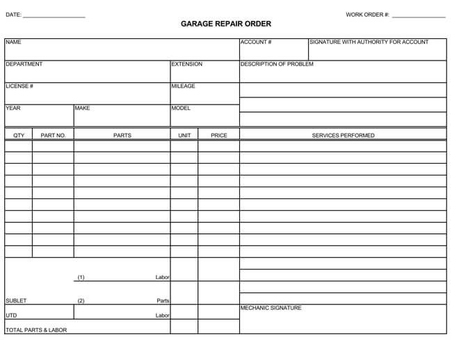 Blank Downloadable Free Printable Auto Repair Invoice Template