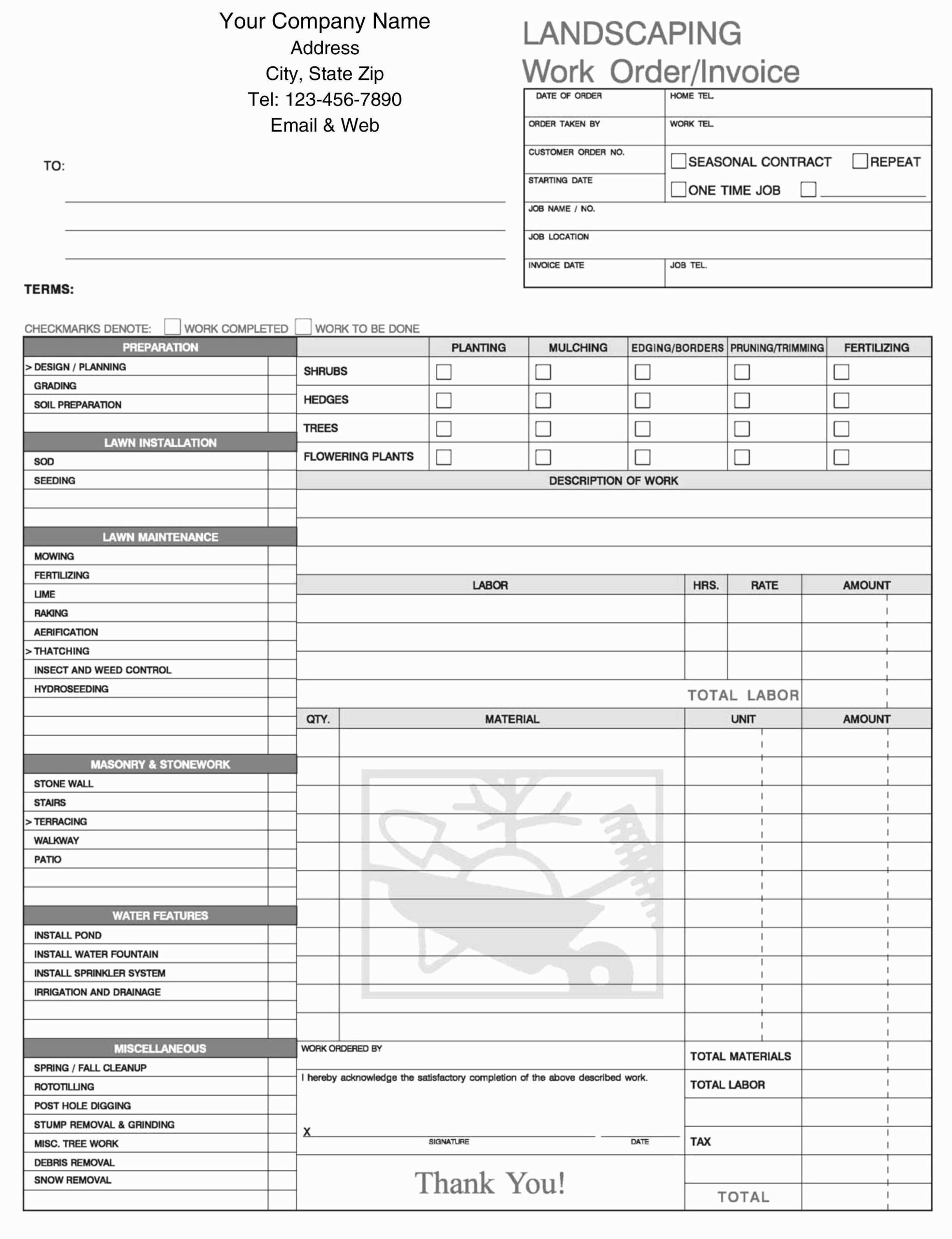 Blank Printable Lawn Care Invoice Template