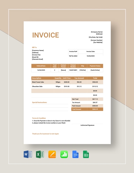 Cake Invoice Template 12 Free Word PDF Documents Download