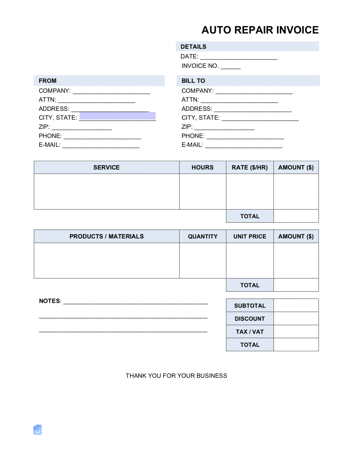 Car Mechanic Invoice Template