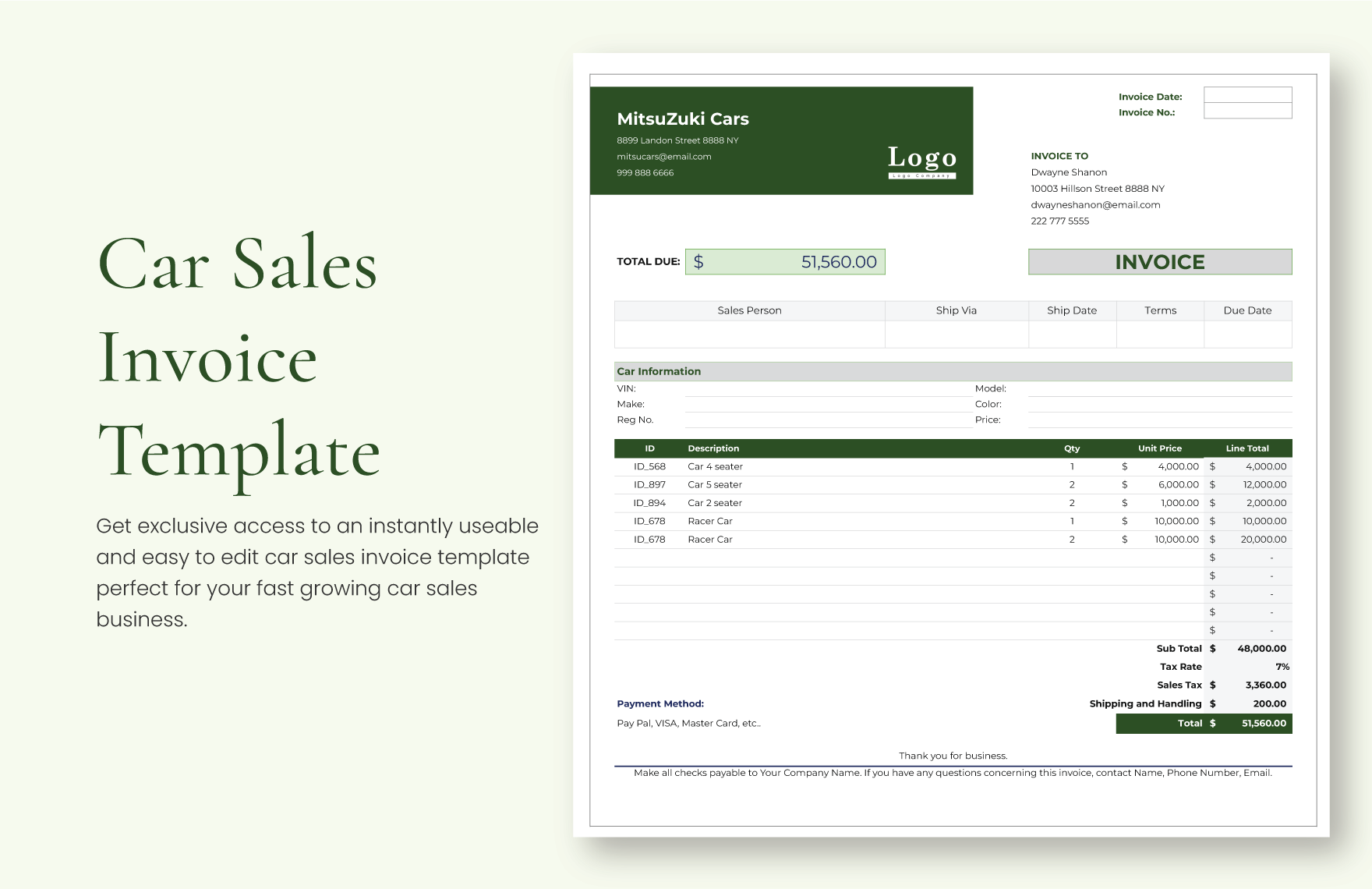 Car Rental Invoice Template In Excel Google Sheets Download 