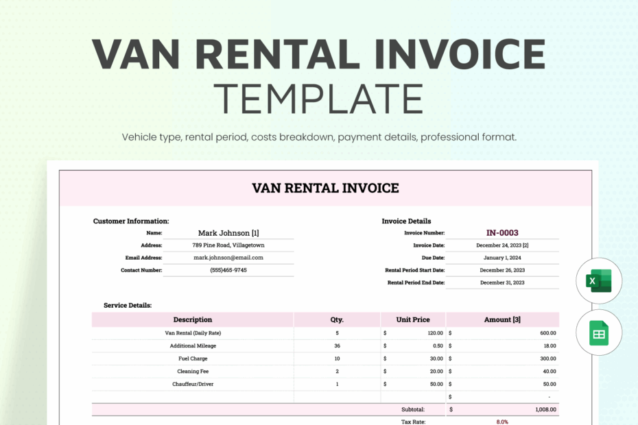 Car Rental Invoice Template In Excel Google Sheets Download