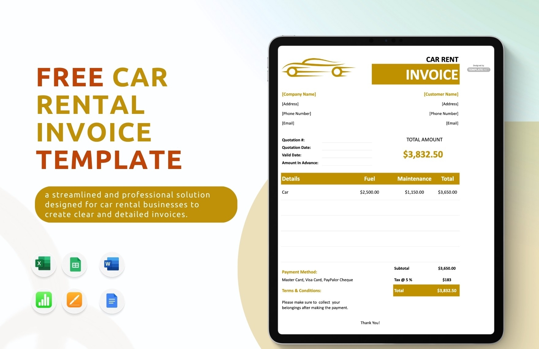 Car Rental Invoice Template In Excel Google Sheets Download 