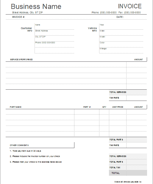 Car Repair Invoice Template List Of Repairs Parts Costs
