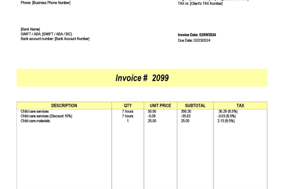 Child Care Invoice Template Excel Worksheets Library