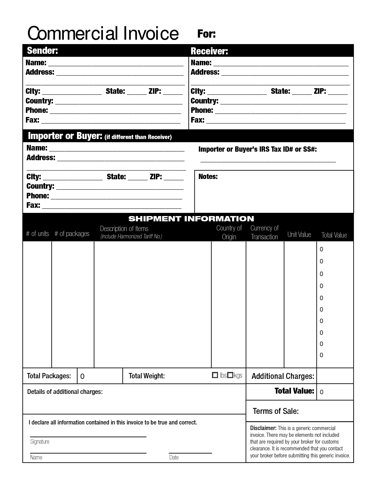 Commercial Invoice Printable Template Holfdj