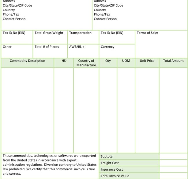 Commercial Invoice Template Printable Receipt Template
