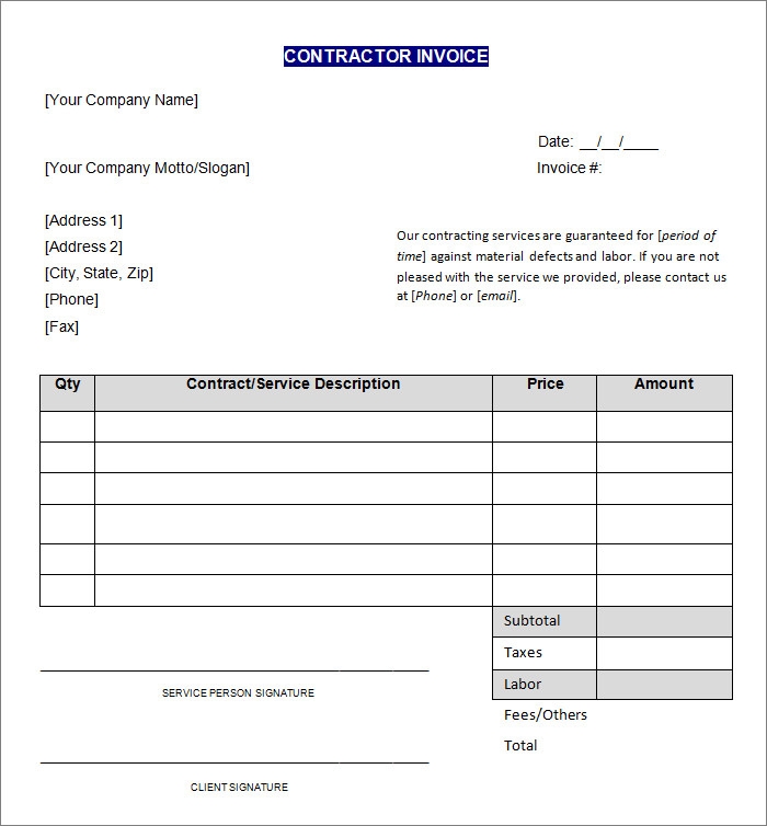 Contractor Printable Invoice Pdf Free KupooterMy Site