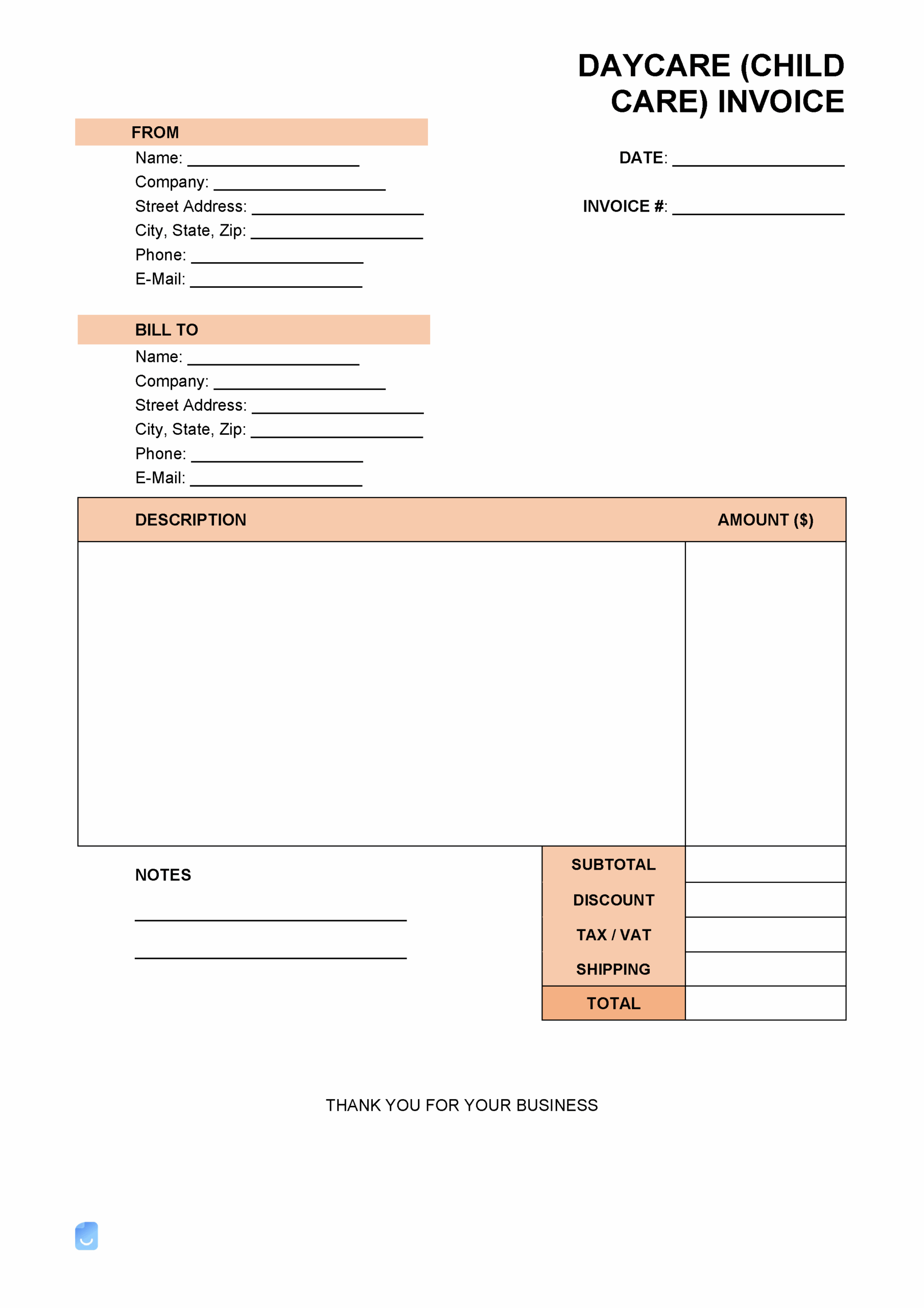 Daycare Child Care Invoice Template Invoice Maker Fillable Form 2024