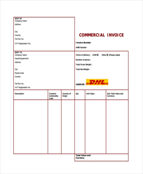 Dhl Commercial Invoice Printable Template Printable Templates