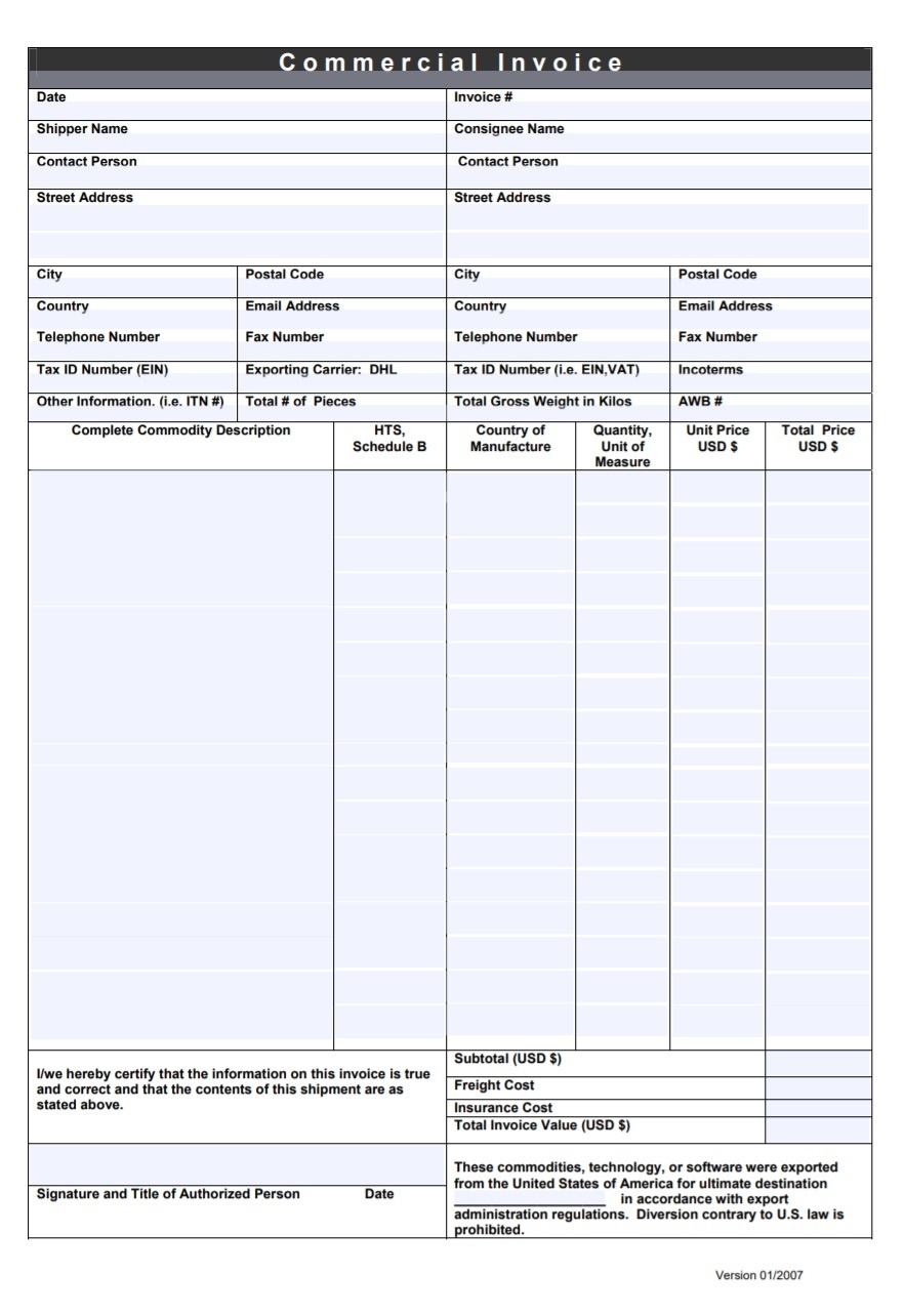 Dhl Commercial Invoice Printable Template Printable Templates