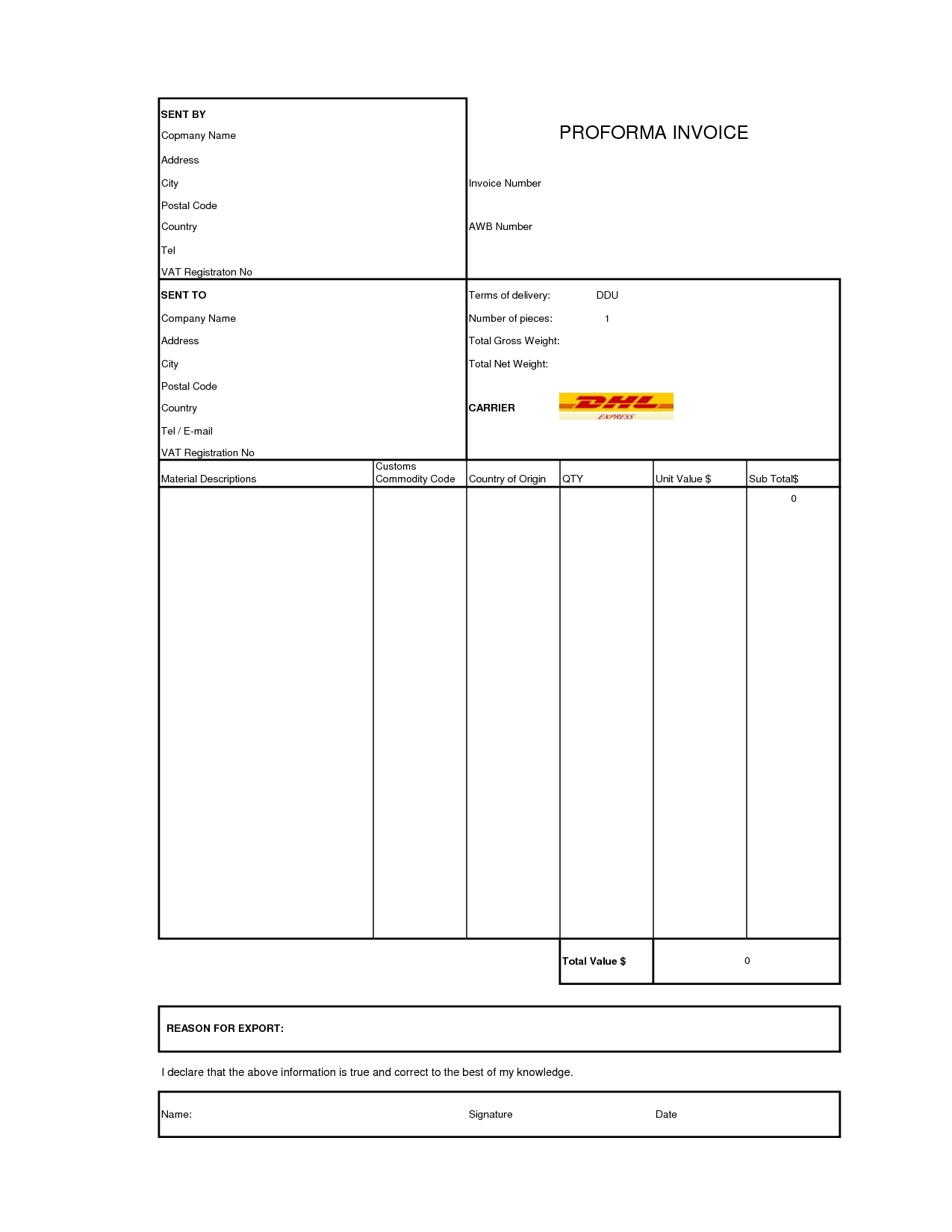 DHL Commercial Invoice Printable Template Topsisse