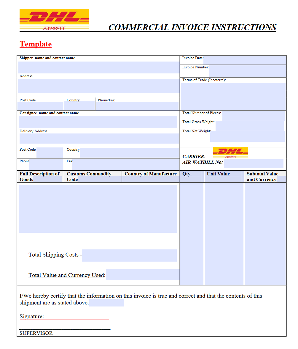 DHL Commercial Invoice Printable Template Topsisse
