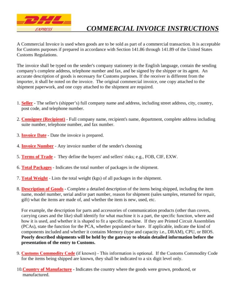 Dhl Commercial Invoice Template Printable Receipt Template