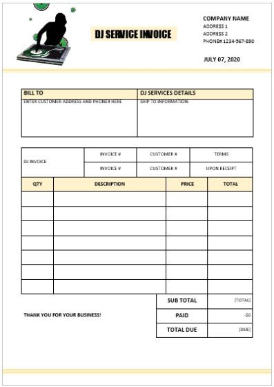 Dj Invoice Template Worksheets Library
