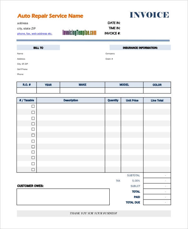 Downloadable Free Printable Auto Repair Invoice Template