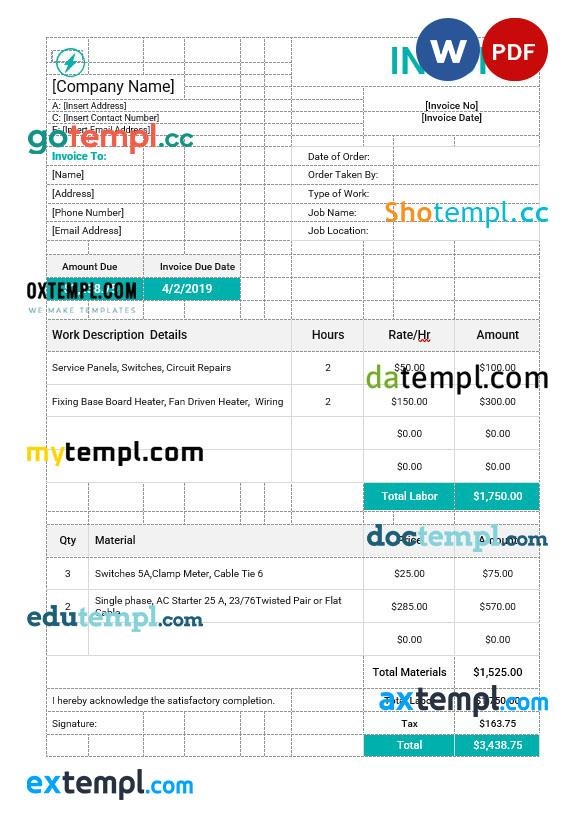 Electrical Work Order Invoice Fake Template In Word And Pdf Format 