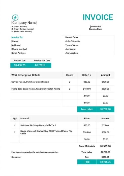 Electrical Work Order Invoice Template PreWrite