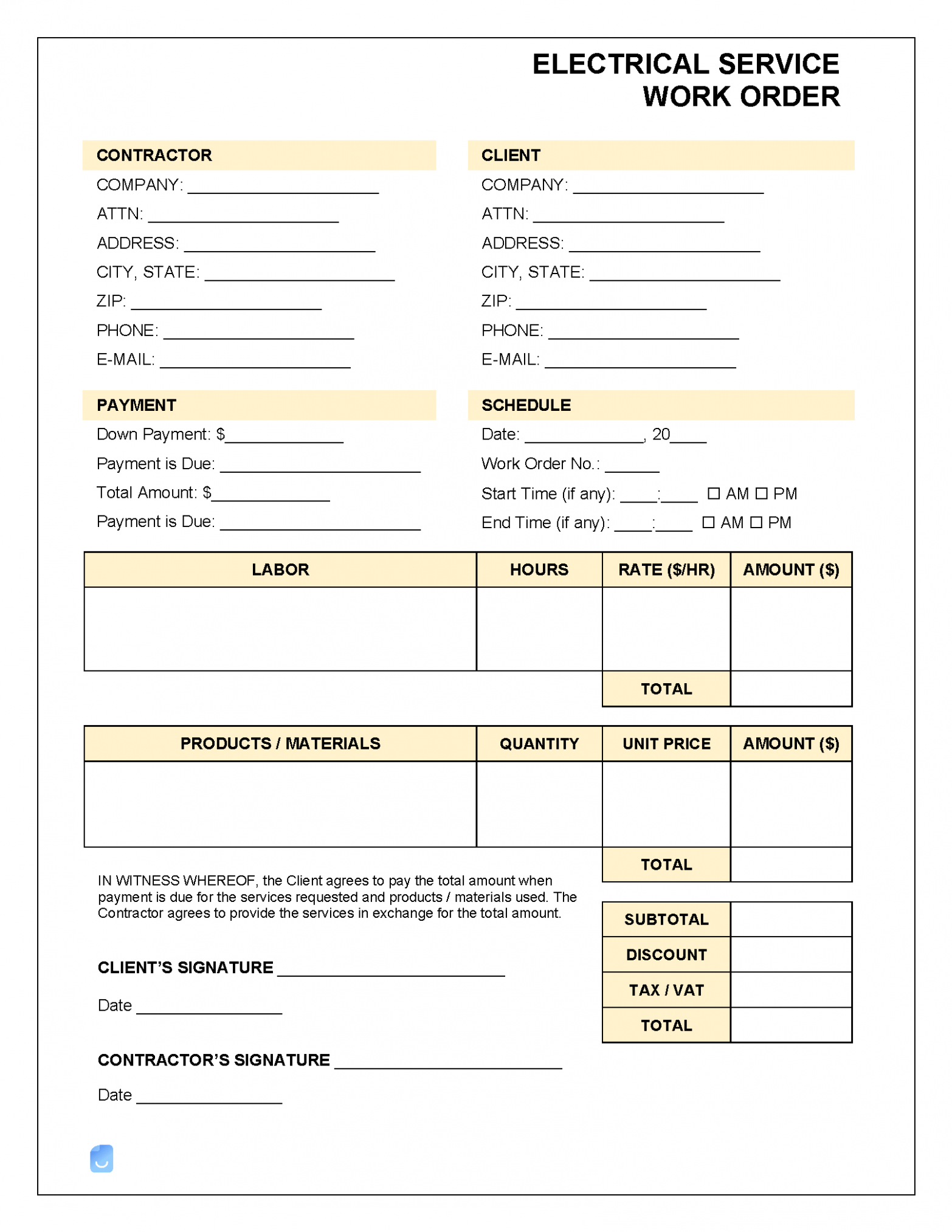 Electrical Work Order Invoice Template