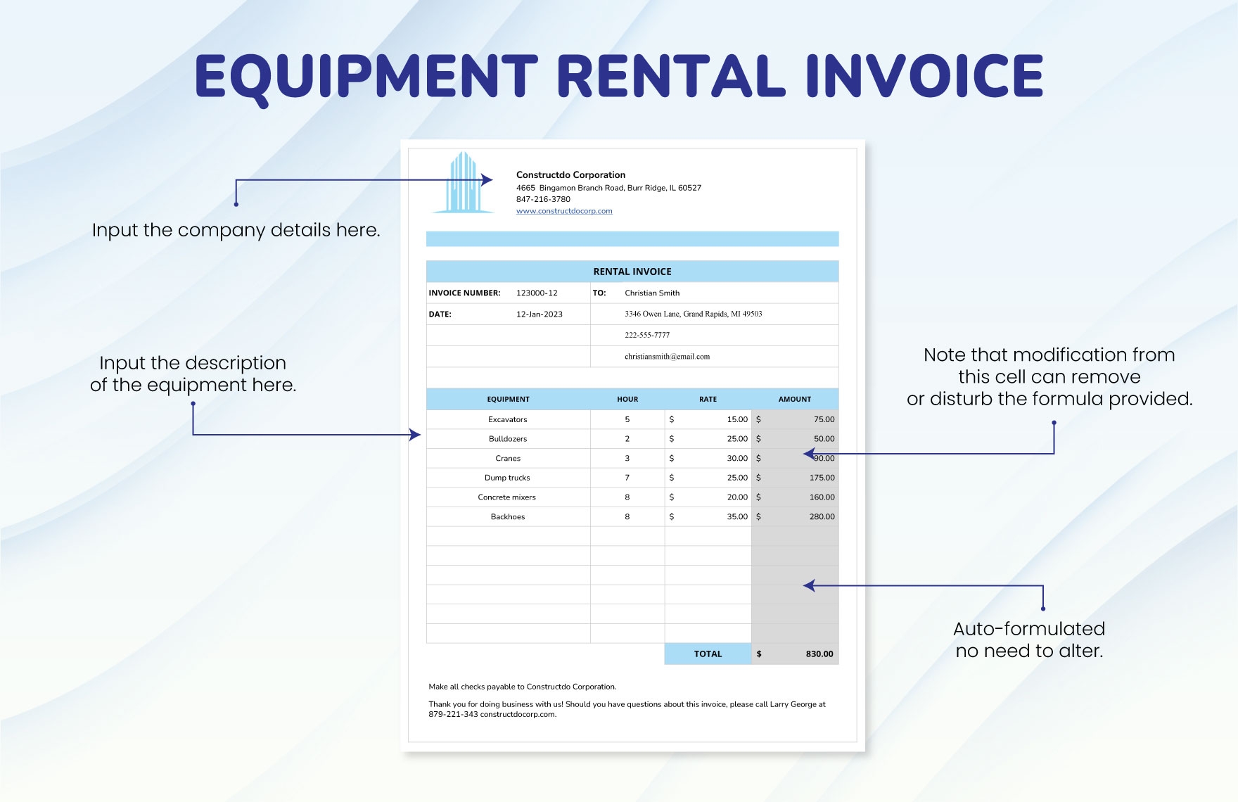 Equipment Rental Invoice Template In Google Docs Word Apple Numbers 