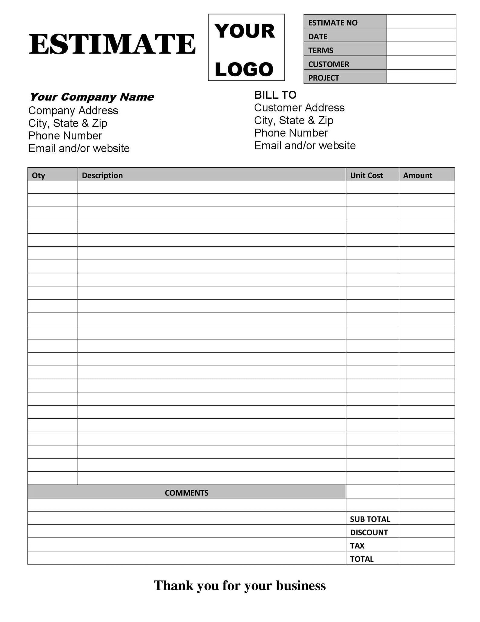 ESTIMATE INVOICE Gray Template Printable Form Etsy