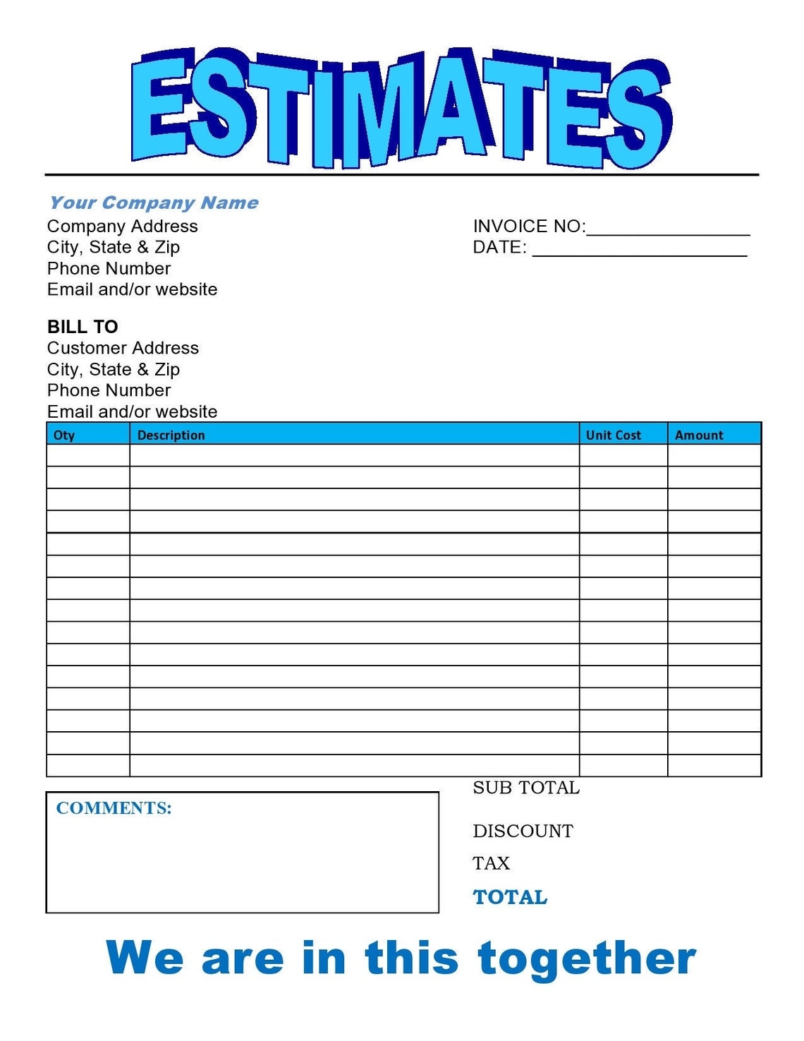 Estimate Invoice Templates PRINTABLE FORM Blue Spring Etsy