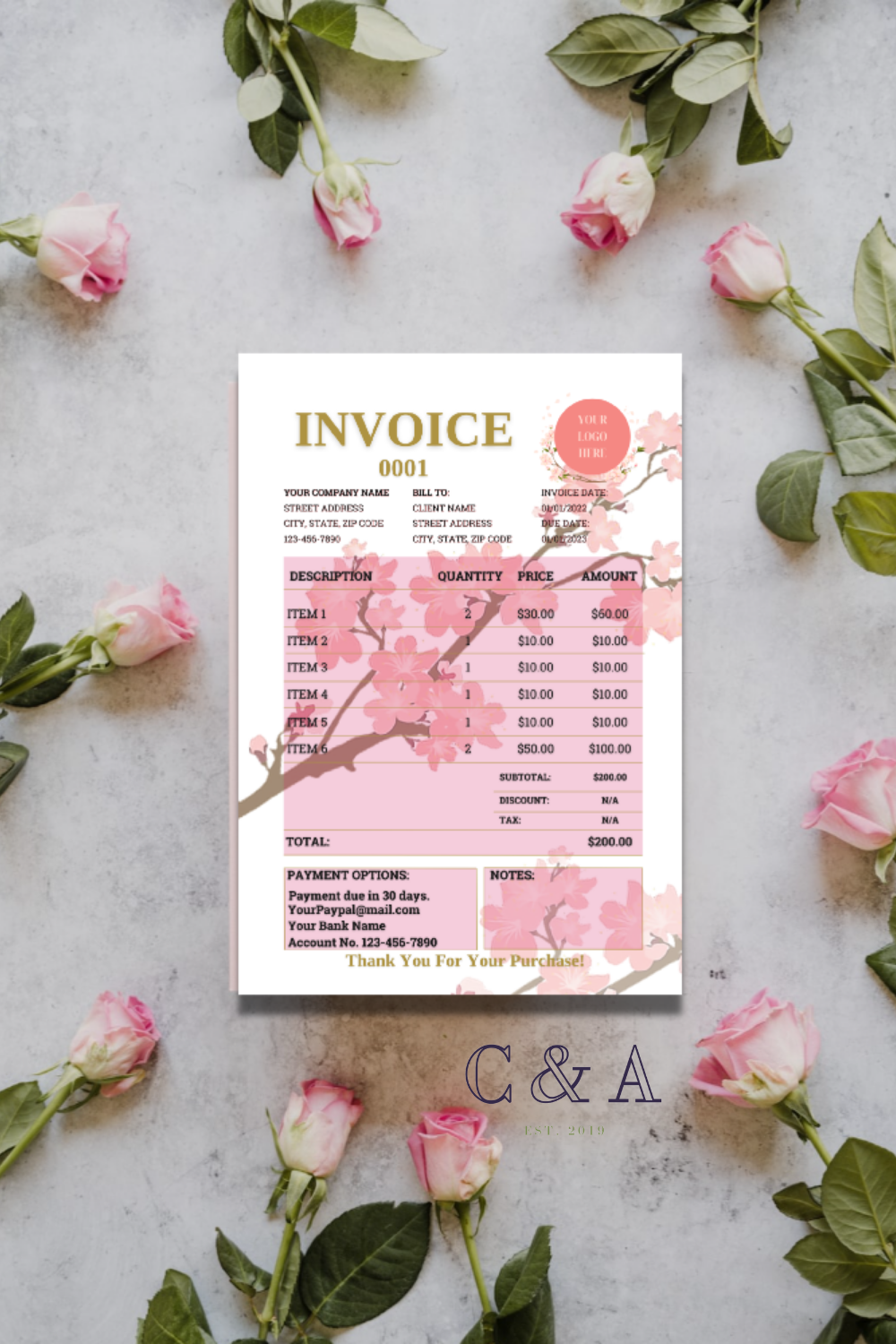 Event wedding Planner floral Invoice Template Word google Docs pdf png 