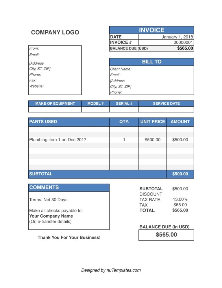 Example Of Printable Plumbing Invoice Template Templateral