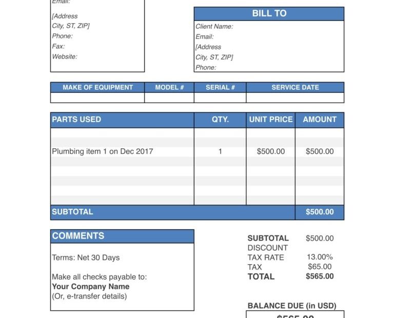 Example Of Printable Plumbing Invoice Template Templateral