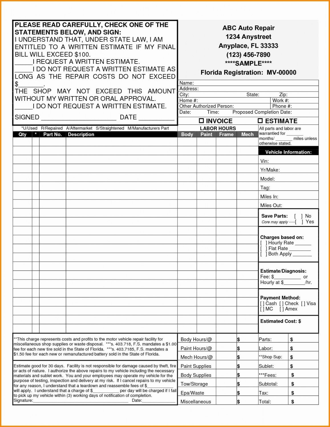 Explore Our Printable Auto Repair Shop Receipt Template Estimate 