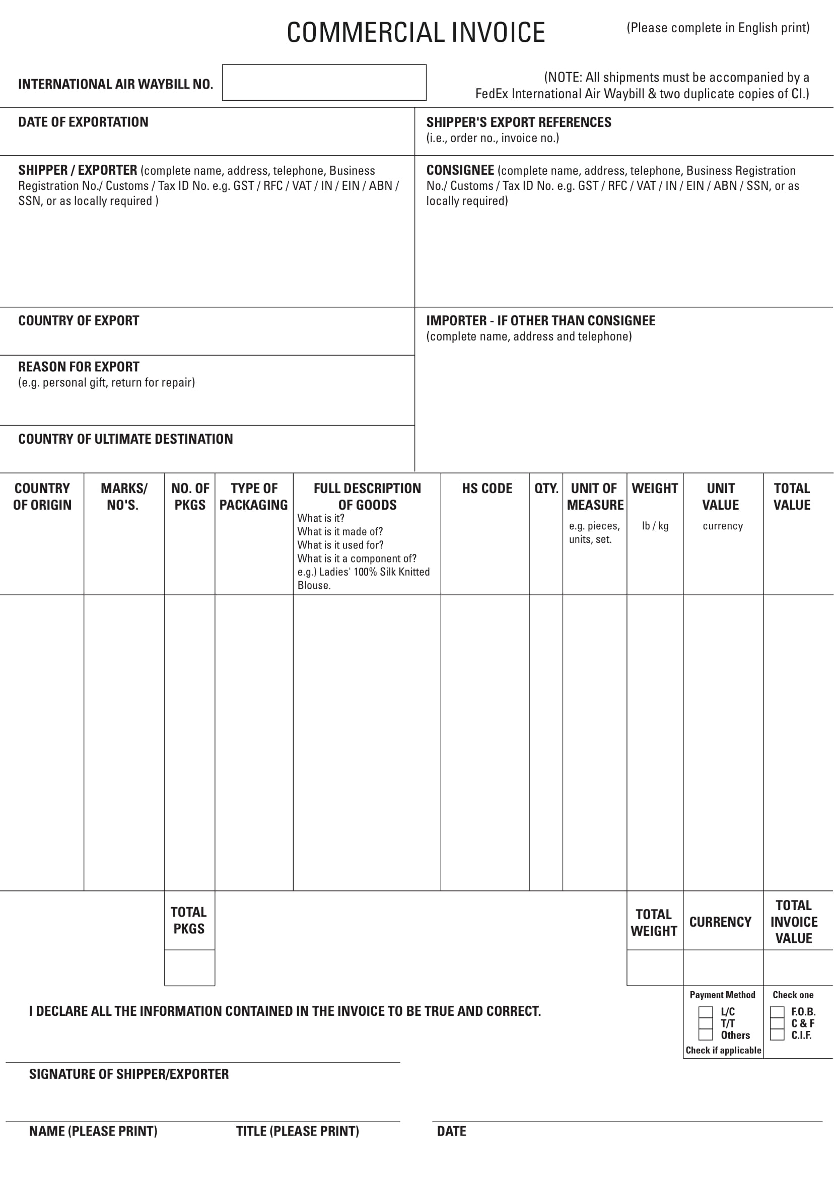 Fedex Commercial Invoice Fillable Form Printable Forms Free Online