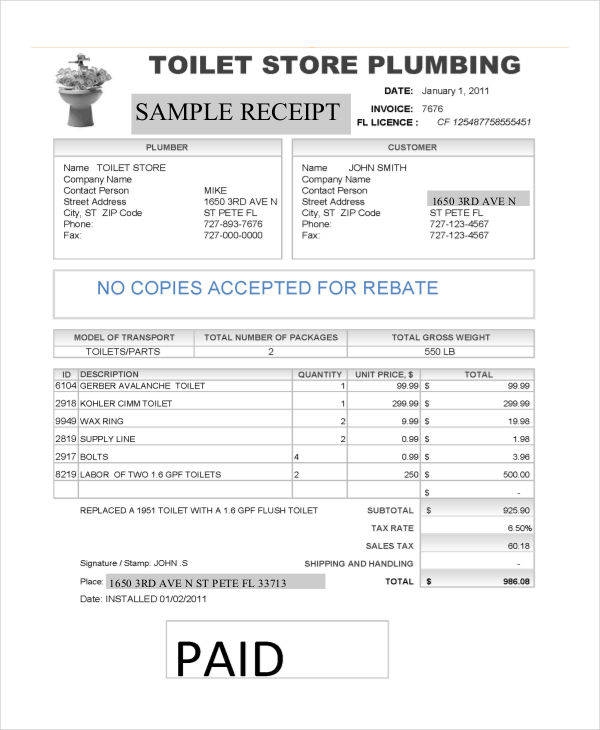 FREE 5 Plumbing Invoices In MS Word PDF