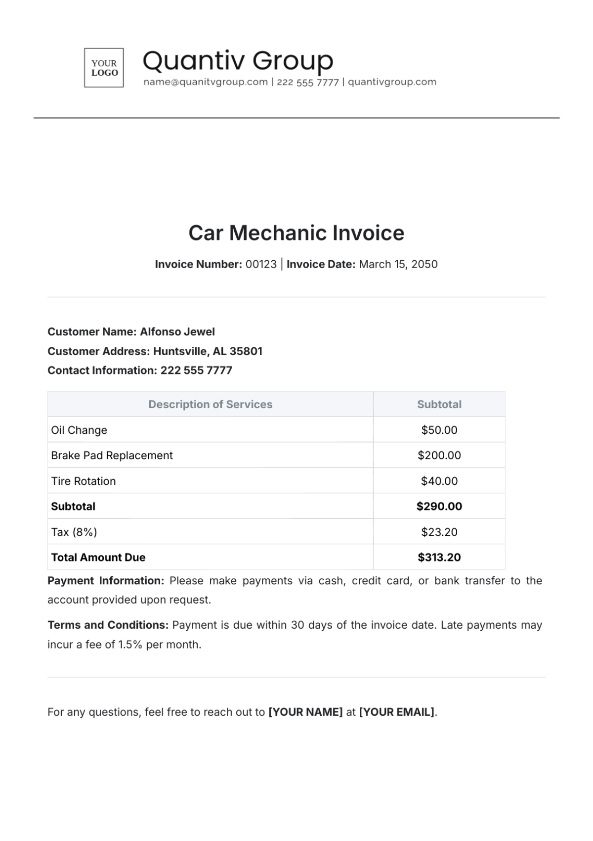 Free Car Mechanic Invoice Template To Edit Online
