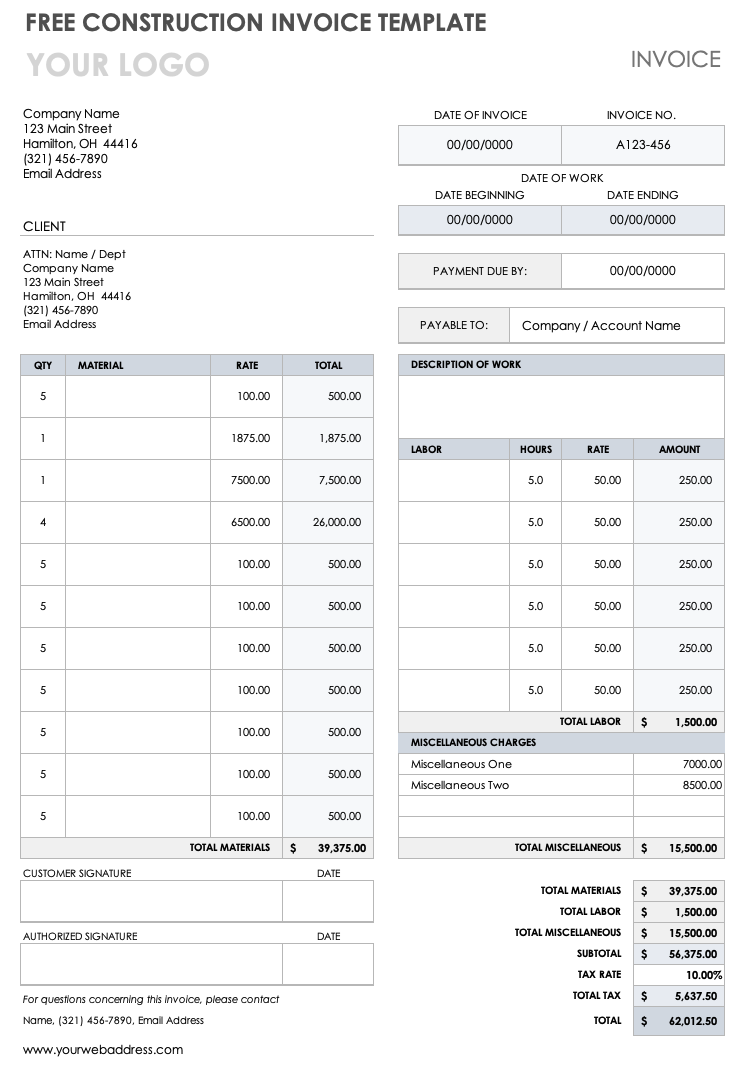 Free Construction Invoice Templates Smartsheet Fillable Form 2025