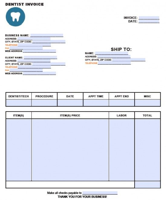 Free Dental Invoice Template LetterHUB Worksheets Library