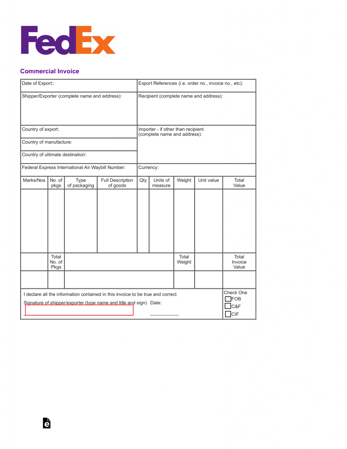 Free FedEx Commercial Invoice Template PDF EForms