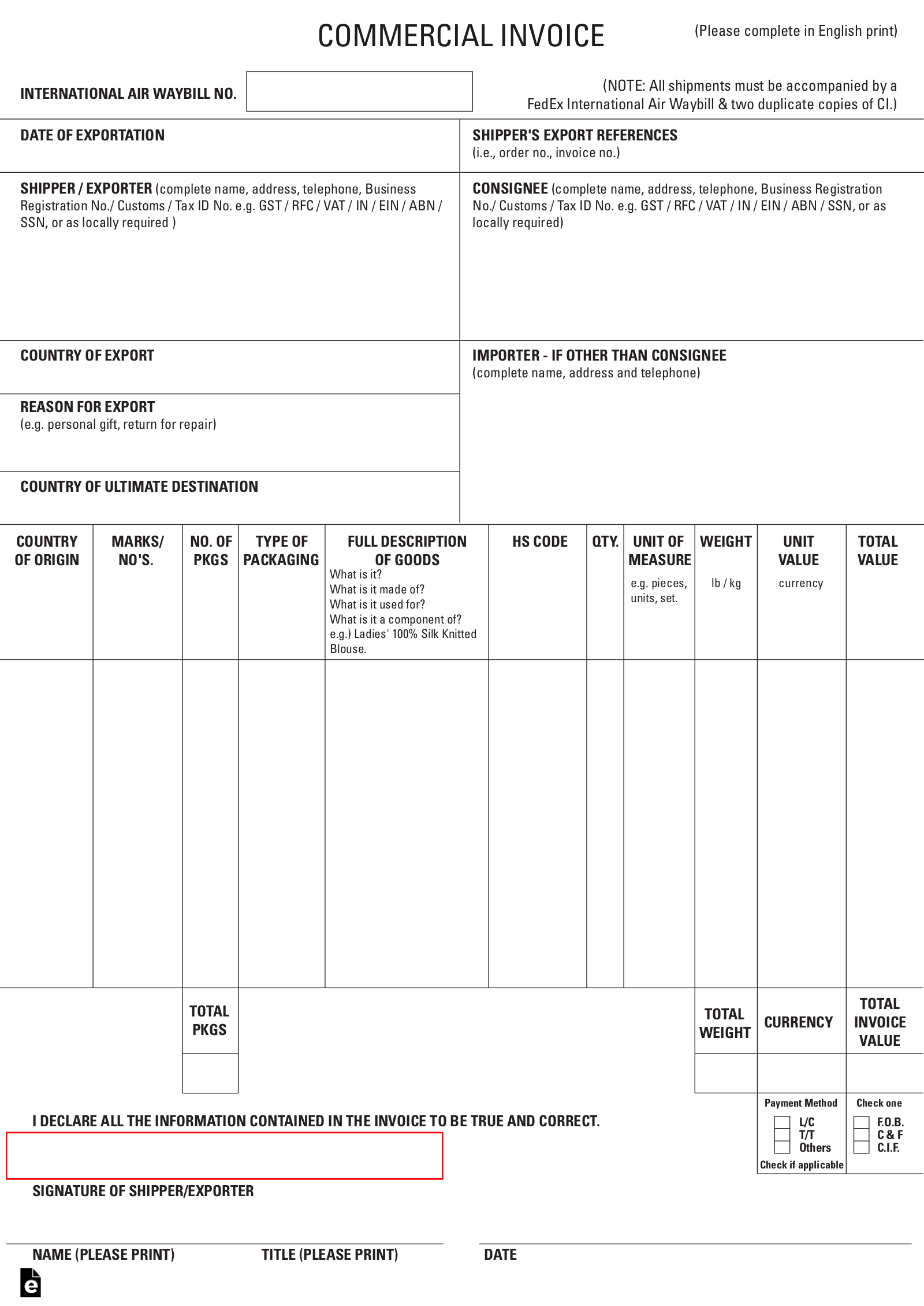 Free FedEx Commercial Invoice Template PDF EForms