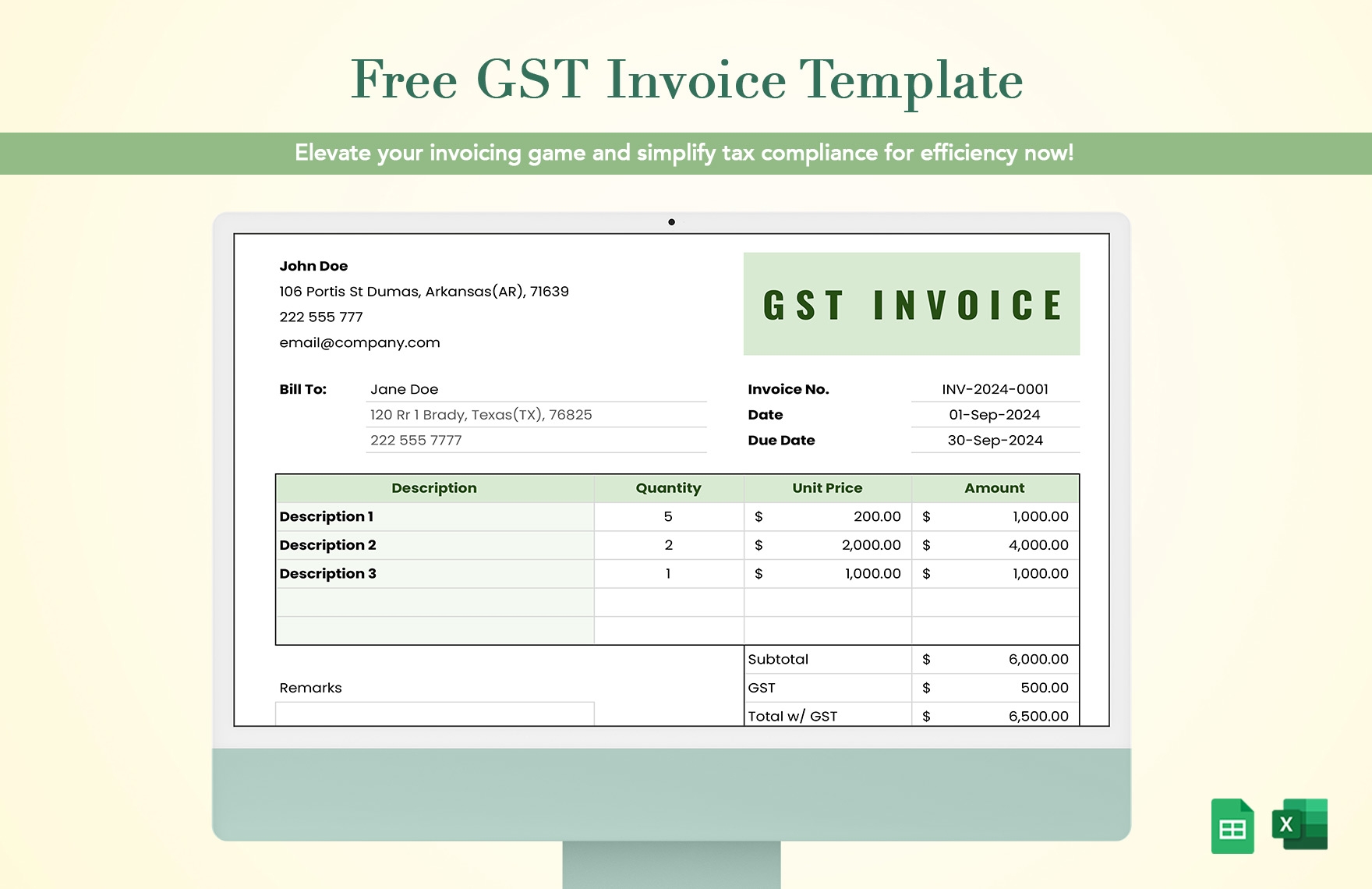 Free GST Invoice Template Download In Excel Template