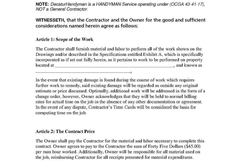 Free Handyman Contractor Invoice Template Word Pdf Eforms