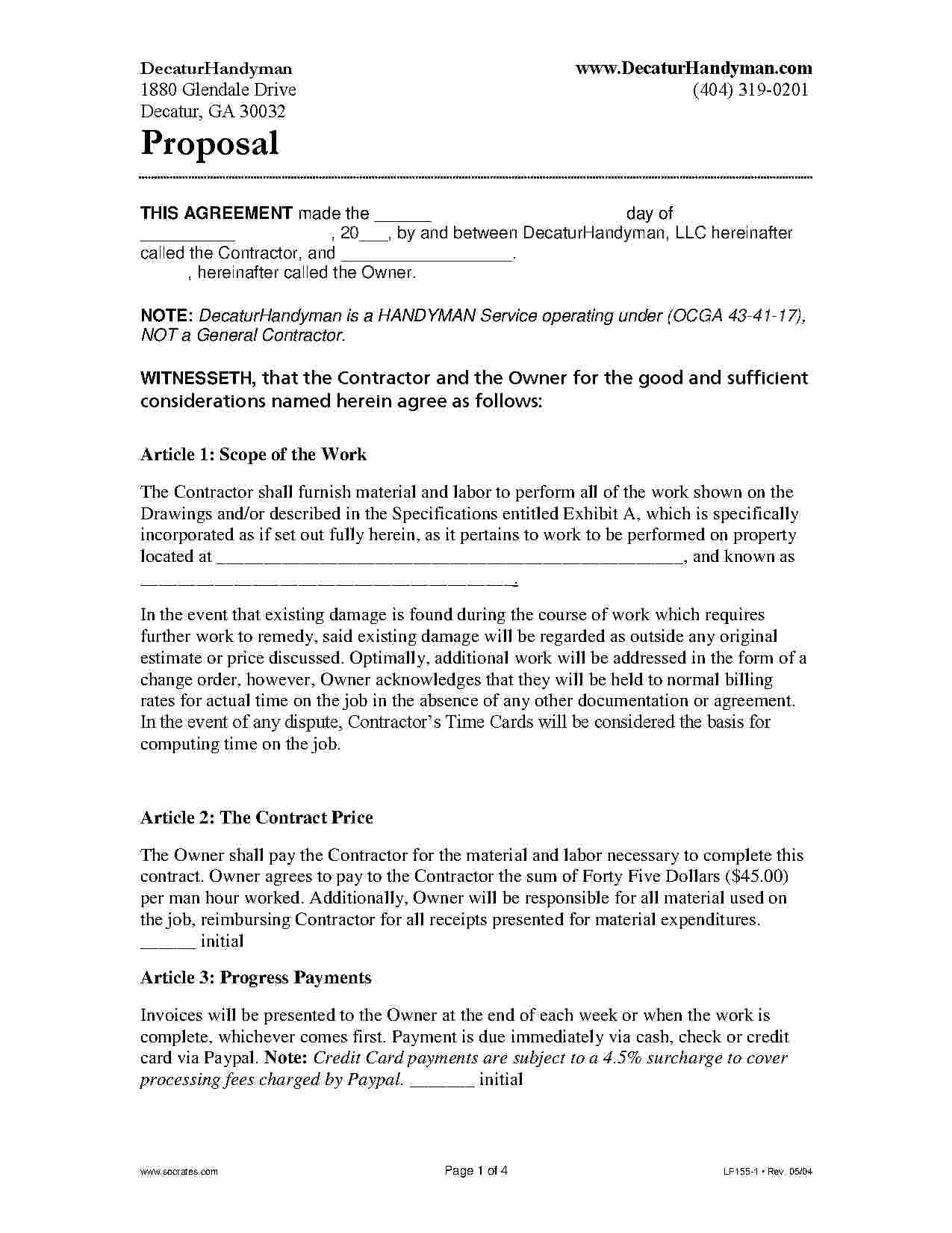 Free Handyman Contractor Invoice Template Word Pdf Eforms 