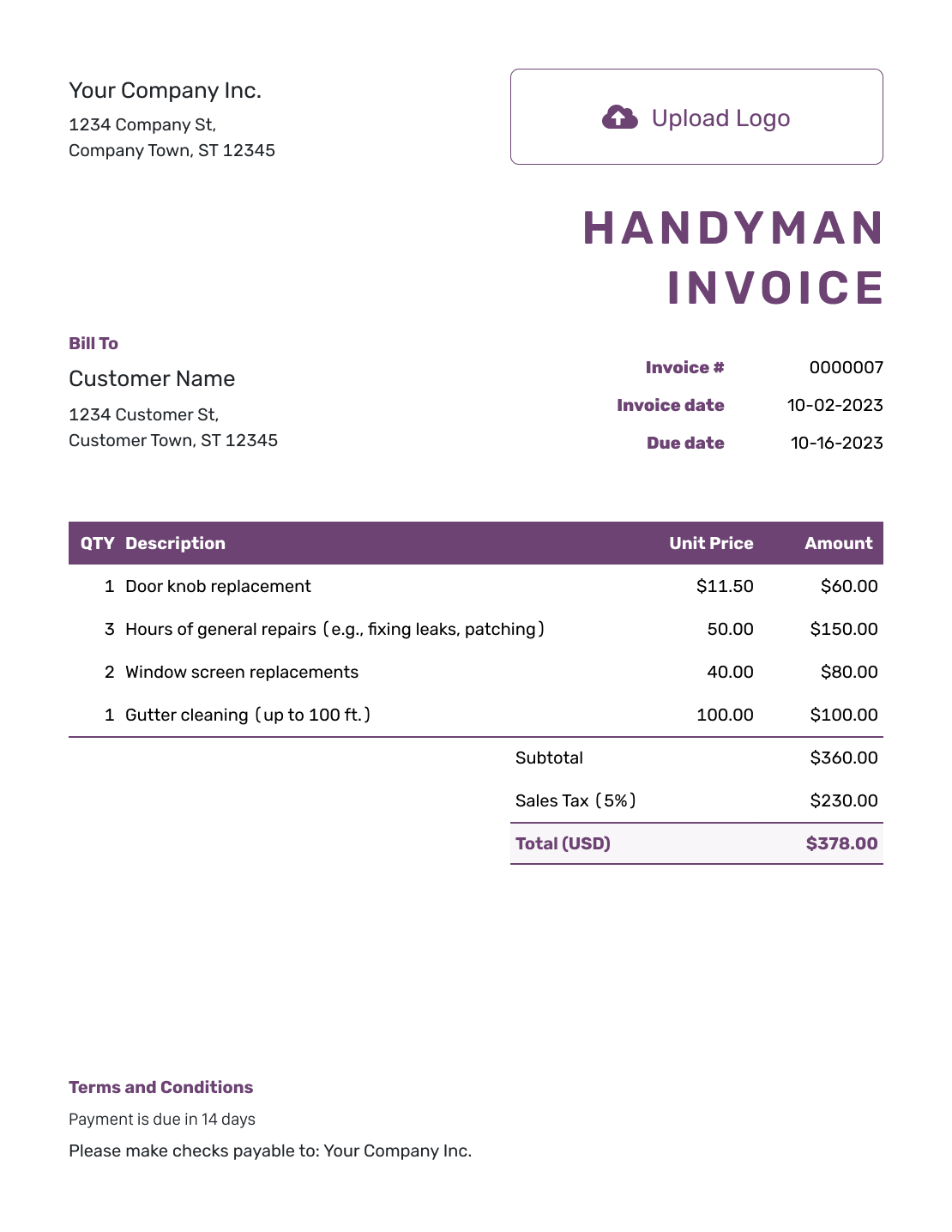 Free Handyman Invoice Template Docelf