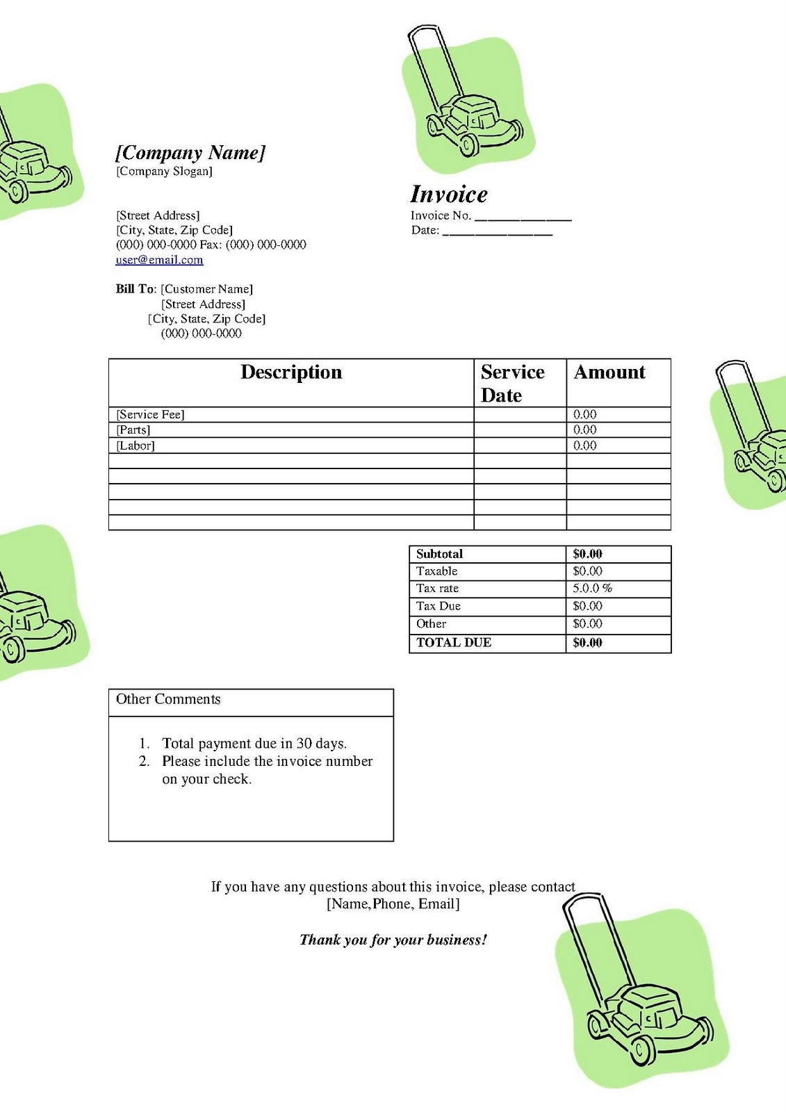 Free lawn care invoice template Db excel