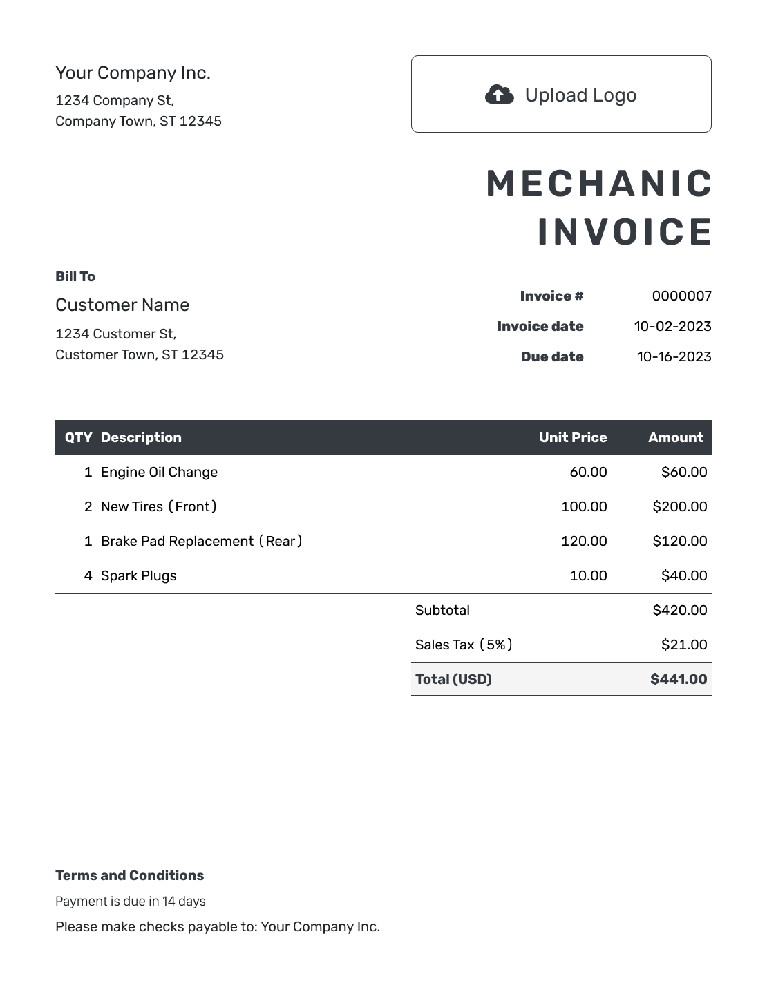 Free Mechanic Invoice Template Docelf